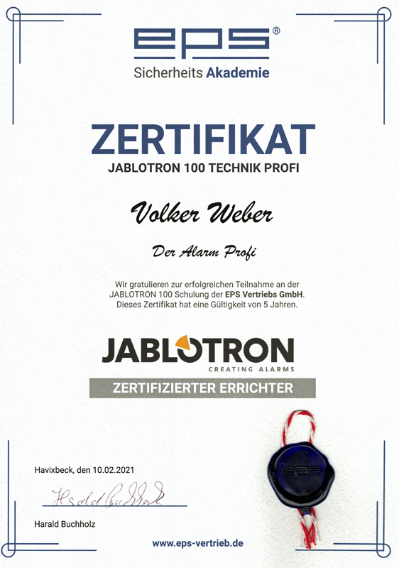 EPS Zertifikat Jablotron 100 Technik Profi